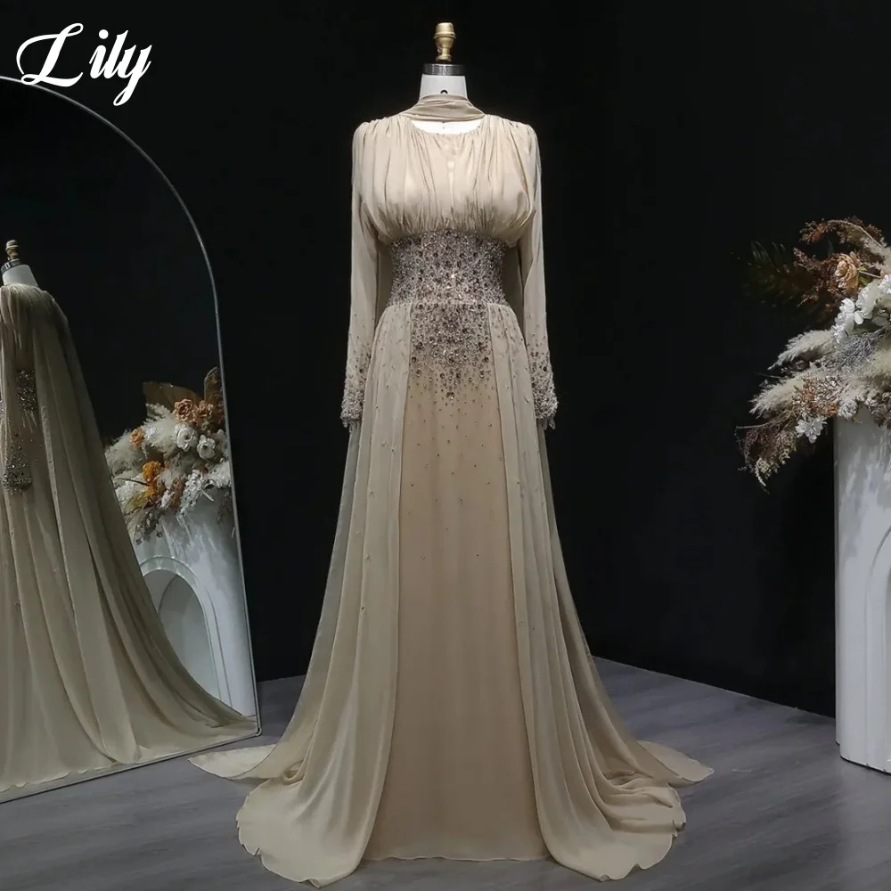 Lily Elegant Beige Prom Dresses Draped Chiffon Evening Dress With Beaded Long Sleeve Sheer Cape Formal Party Dress Customized
Lily Elegant Beige Prom Dresses Draped Chiffon Evening Dress With Beaded Long Sleeve Sheer Cape Formal Party Dress Customized