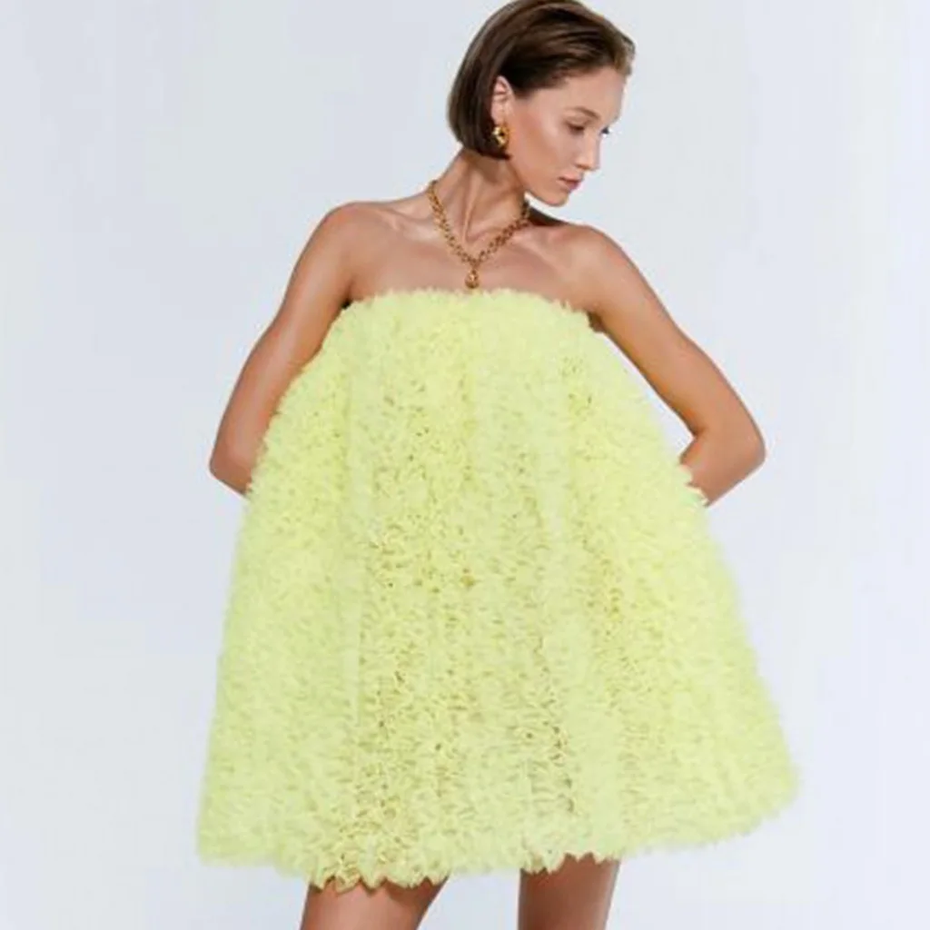 Strapless Mini Length Party Dress Sleeveless Yellow Ruffled Fluffy Women Clothing Custom Made Prom Dress New Fashion 2023
Strapless Mini Length Party Dress Sleeveless Yellow Ruffled Fluffy Women Clothing Custom Made Prom Dress New Fashion 2023