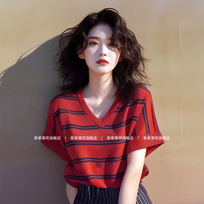Women's Knitted Red Striped T-shirt Summer Vintage Chic V-neck Pullovers Short Sleeve Loose Casual Fashion Tops
Women's Knitted Red Striped T-shirt Summer Vintage Chic V-neck Pullovers Short Sleeve Loose Casual Fashion Tops