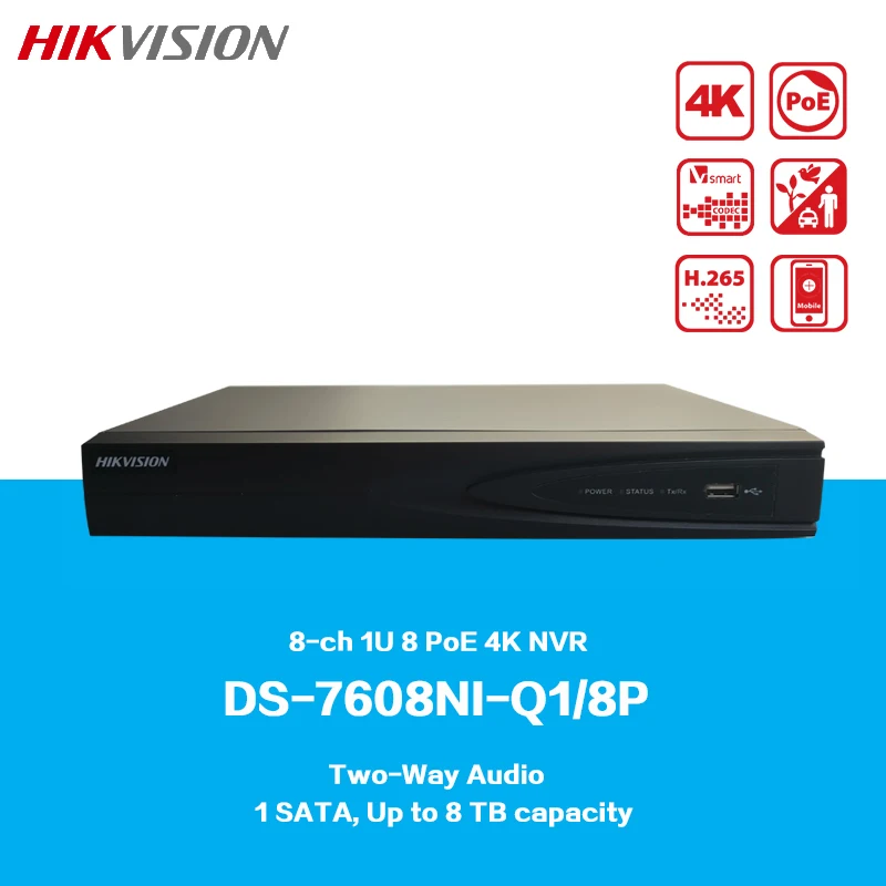 HIKVISION NVR 4-ch/8-ch 1U 4/8 PoE Ports 4K Network Video Recorder DS-7604NI-Q1/4P and DS-7608NI-Q1/8P, Two-way Audio, 1 SATA
HIKVISION NVR 4-ch/8-ch 1U 4/8 PoE Ports 4K Network Video Recorder DS-7604NI-Q1/4P and DS-7608NI-Q1/8P, Two-way Audio, 1 SATA