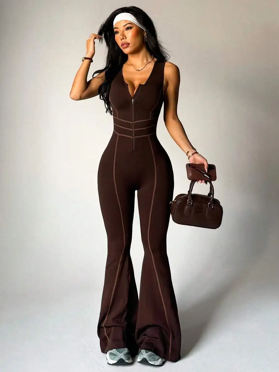 Brown V-Neck Front Zipper Sleeveless Jumpsuit With Striped Detail Flared Leg Workout Yoga Dance
Brown V-Neck Front Zipper Sleeveless Jumpsuit With Striped Detail Flared Leg Workout Yoga Dance