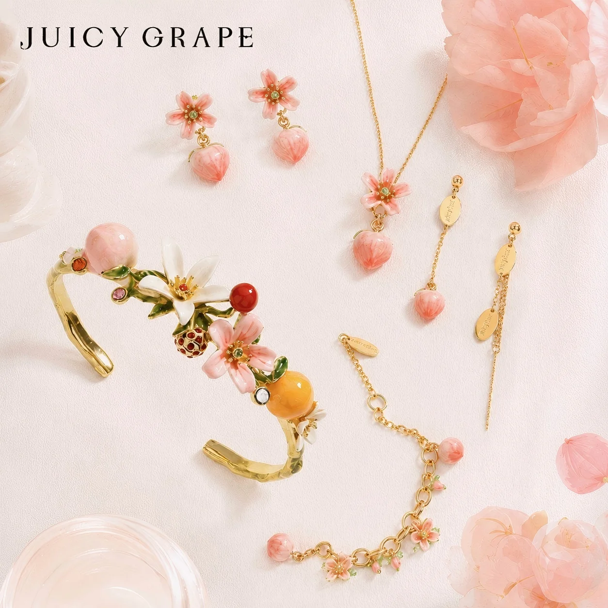 Handmade Peach Blossom Jewelry Set 18K Gold Plated S925 Silver Earrings Enamel Flower Necklace Bracelet Elegant Gift for Women
Handmade Peach Blossom Jewelry Set 18K Gold Plated S925 Silver Earrings Enamel Flower Necklace Bracelet Elegant Gift for Women