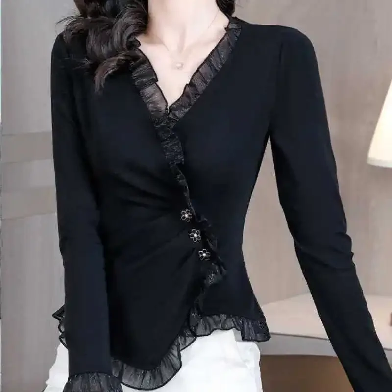 Spring Autumn New Women's Fashion Elegant Solid Color V-Neck Casual All-match Long Sleeve Slim Ruffles Button Shirt Tops
Spring Autumn New Women's Fashion Elegant Solid Color V-Neck Casual All-match Long Sleeve Slim Ruffles Button Shirt Tops