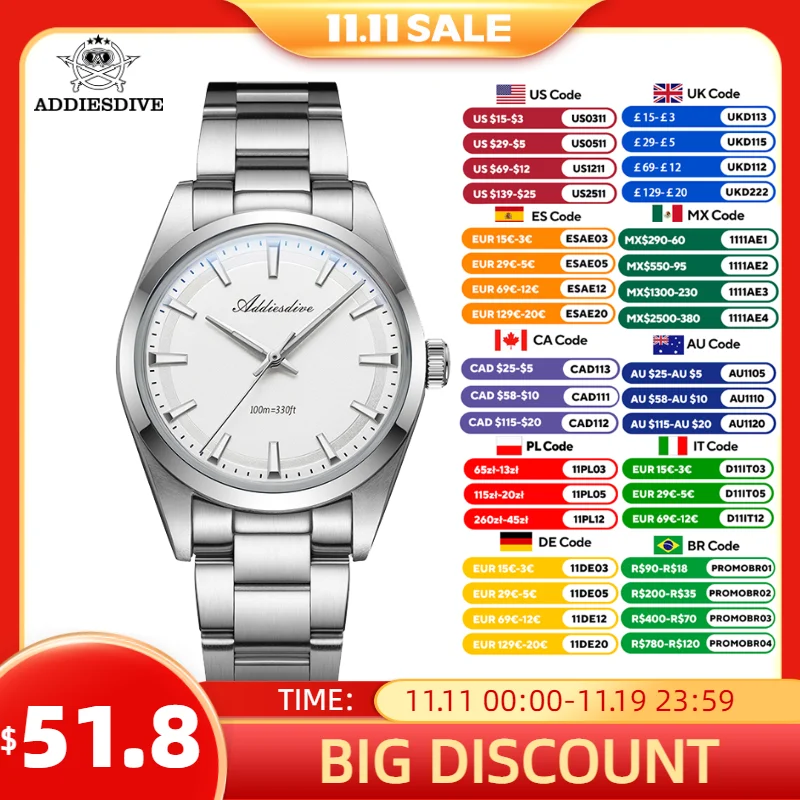 ADDIESDIVE Men‘s Watch New AD2066 AR Coating Bubble Glass 100m Diving 316L Stainless Steel BGW9 Luminous VH31 Quartz Watch
ADDIESDIVE Men‘s Watch New AD2066 AR Coating Bubble Glass 100m Diving 316L Stainless Steel BGW9 Luminous VH31 Quartz Watch