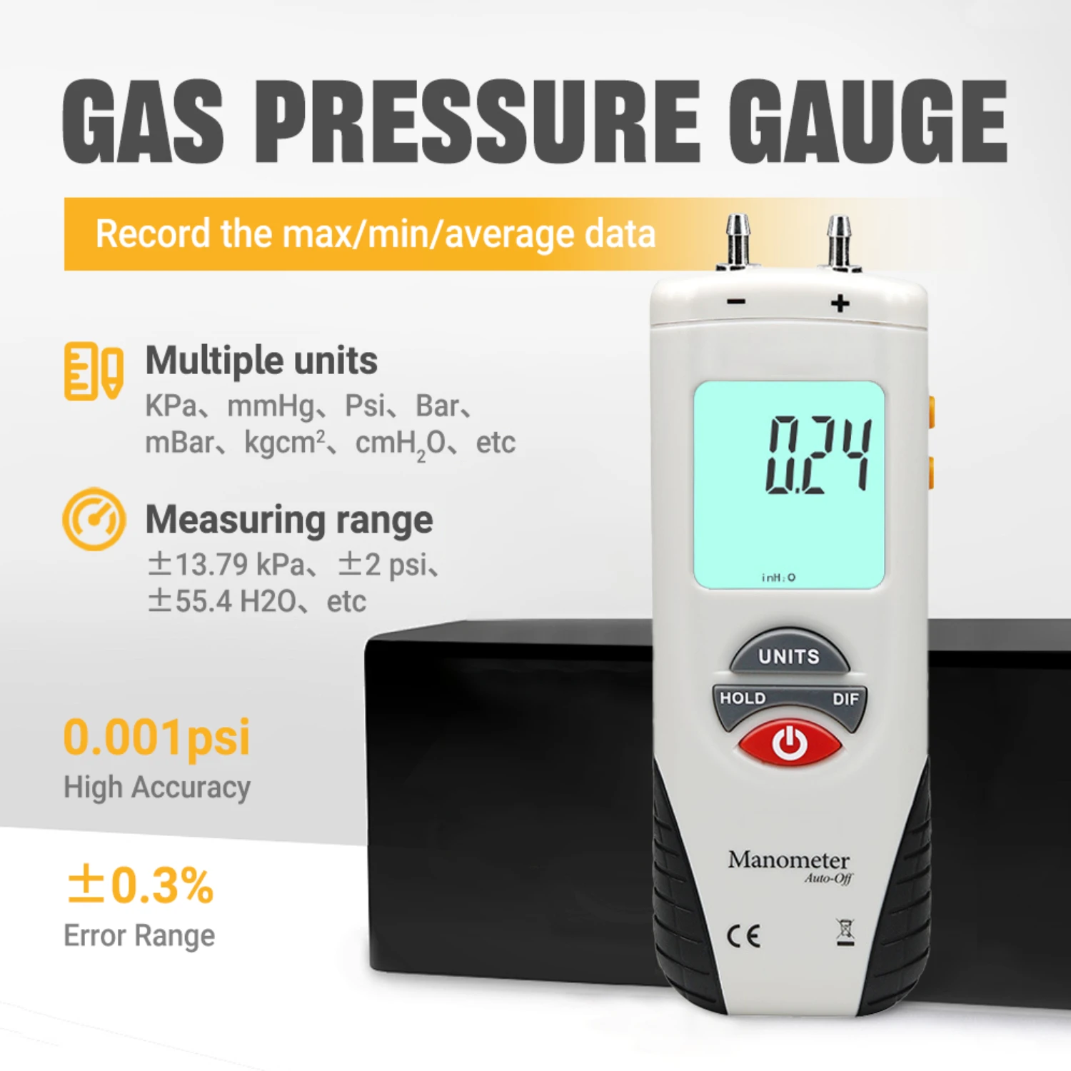 Professional HT-1890 Digital Manometer Dual Port Design with Data Hold Function for Air Gas Pressure Differential Measurement
Professional HT-1890 Digital Manometer Dual Port Design with Data Hold Function for Air Gas Pressure Differential Measurement