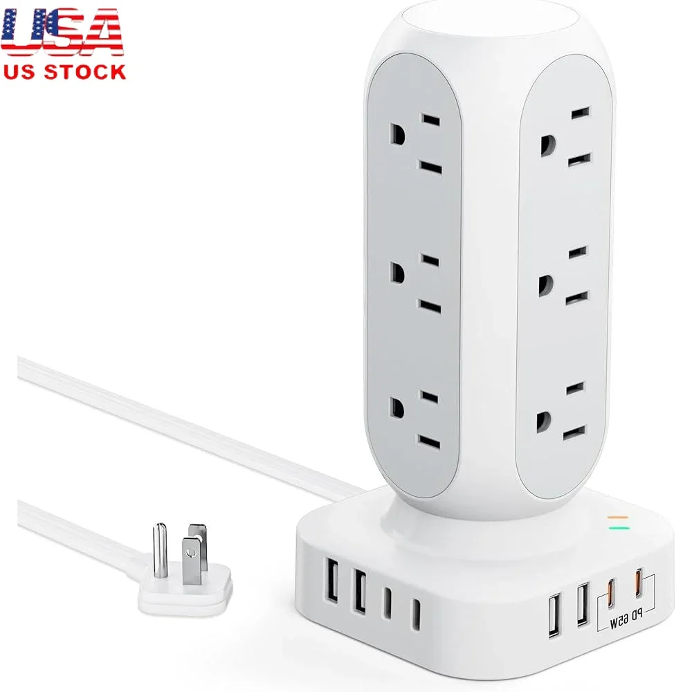65W Fast Charging Station Power Strip 12 AC Outlets 8 USB Ports 2 PD USB-C 10FT Extension Cord Surge Protection Tower 
65W Fast Charging Station Power Strip 12 AC Outlets 8 USB Ports 2 PD USB-C 10FT Extension Cord Surge Protection Tower