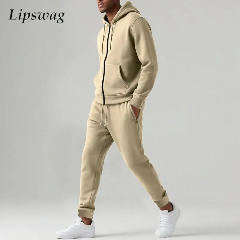 Осень-зима, мужские флисовые комплекты из двух предметов, уличная одежда, модные однотонные толстовки и брюки на молнии, мужские повседневные спортивные костюмы 
Осень-зима, мужские флисовые комплекты из двух предметов, уличная одежда, модные однотонные толстовки и брюки на молнии, мужские повседневные спортивные костюмы
