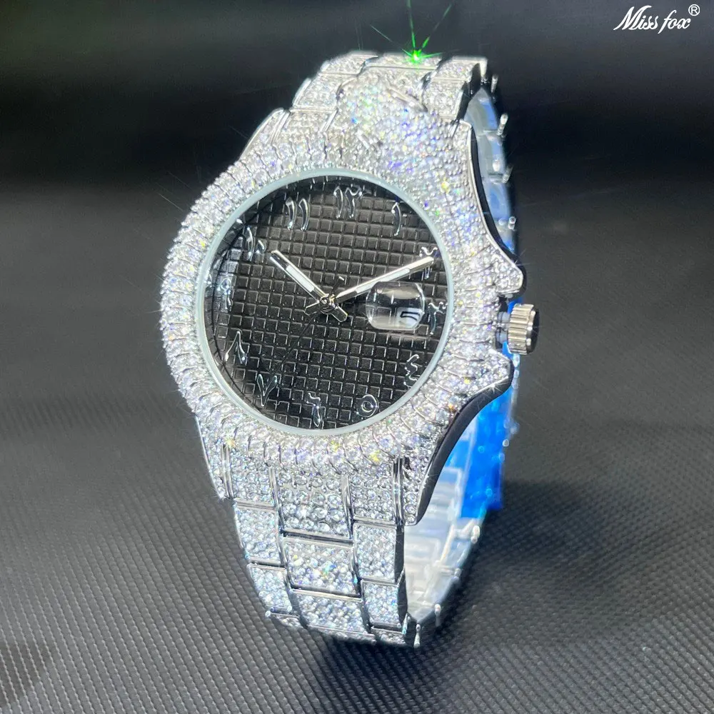 MISSFOX Men's Hip Hop Iced Out Watch Full Diamond Silver Quartz Wristwatches with Roman Numerals Calendar Hot Sale For Gift
MISSFOX Men's Hip Hop Iced Out Watch Full Diamond Silver Quartz Wristwatches with Roman Numerals Calendar Hot Sale For Gift