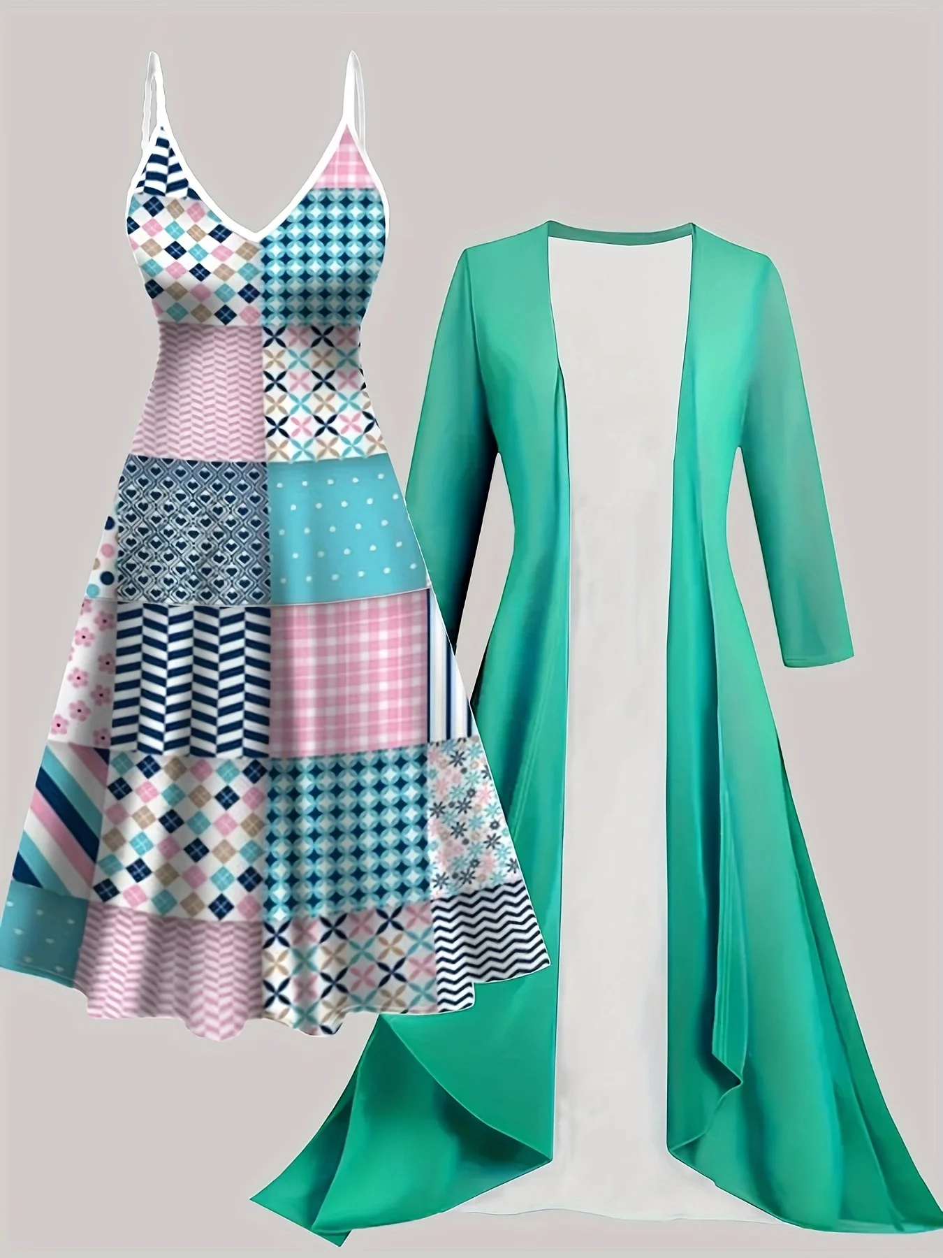 Plus Size Vintage Flower Print Slip Dress With Solid Color Cardigan Set, Elegant Style For Spring/Summer
Plus Size Vintage Flower Print Slip Dress With Solid Color Cardigan Set, Elegant Style For Spring/Summer