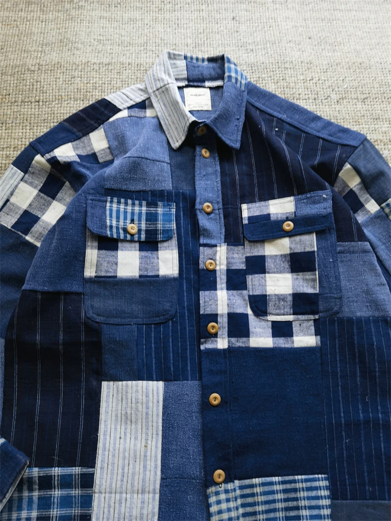 Vintage ancient cloth splicing shirt blue-dyed handmade shirt
Vintage ancient cloth splicing shirt blue-dyed handmade shirt