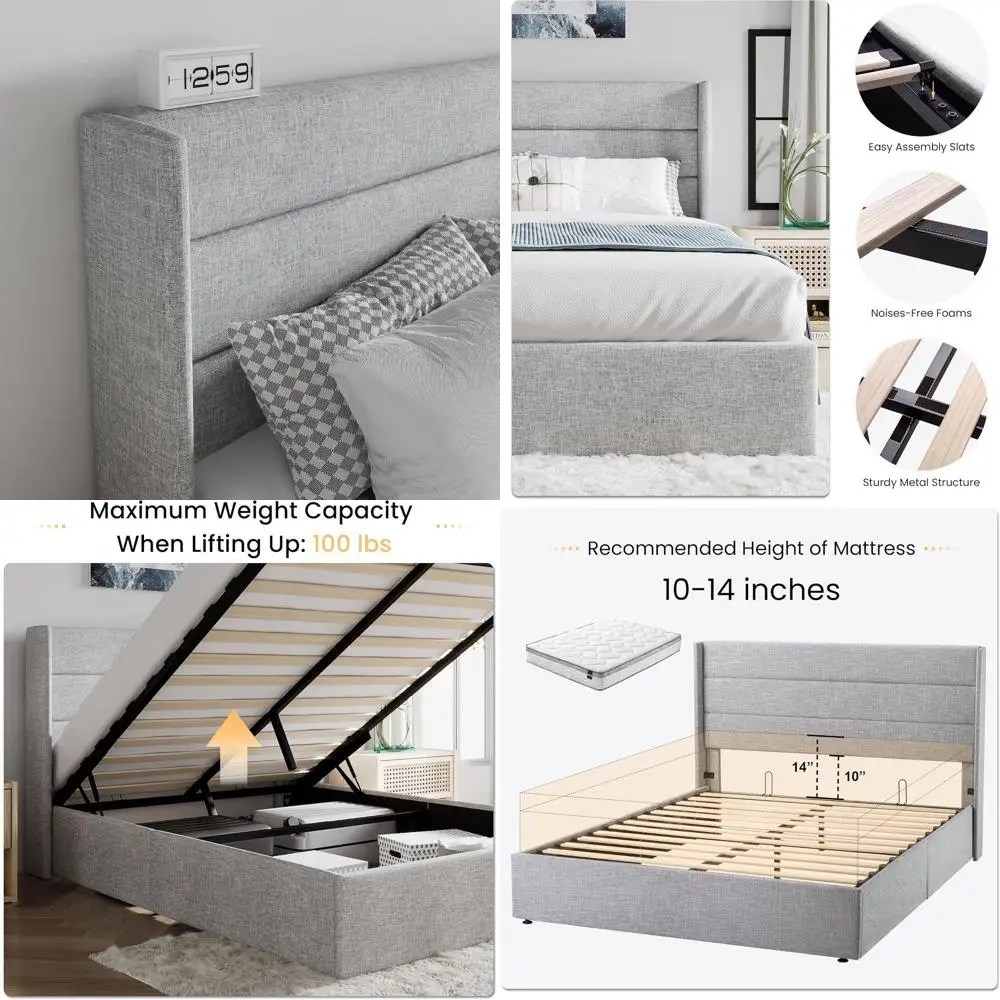 Светло-серая кровать-платформа с обивкой, гидравлическим подъемным механизмом для хранения и деревянными ламелями в основании
Светло-серая кровать-платформа с обивкой, гидравлическим подъемным механизмом для хранения и деревянными ламелями в основании