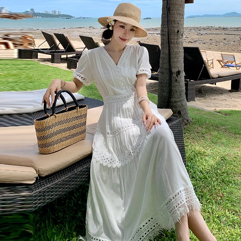 French White Holiday Dress For Women V-neck Puff Sleeves Lace Hollow Out Tassel Long Dress Elegant Evening Party Robe Dresses
French White Holiday Dress For Women V-neck Puff Sleeves Lace Hollow Out Tassel Long Dress Elegant Evening Party Robe Dresses