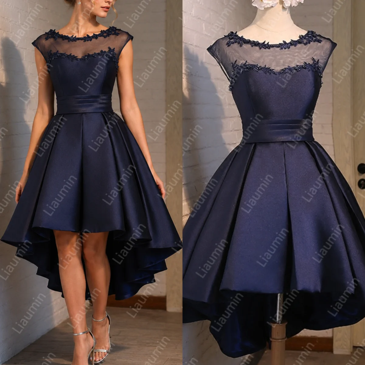 Elegant Navy Blue Satin Homecoming Dress for Women High Low Cocktail Dress Lace Applique Party Gown Customized Made W22.59
Elegant Navy Blue Satin Homecoming Dress for Women High Low Cocktail Dress Lace Applique Party Gown Customized Made W22.59