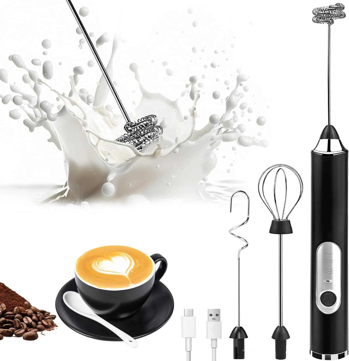 Multifunctional rechargeable handheld milk frother with 3 detachable whisking heads | 3-speed electric coffee mixer
Multifunctional rechargeable handheld milk frother with 3 detachable whisking heads | 3-speed electric coffee mixer