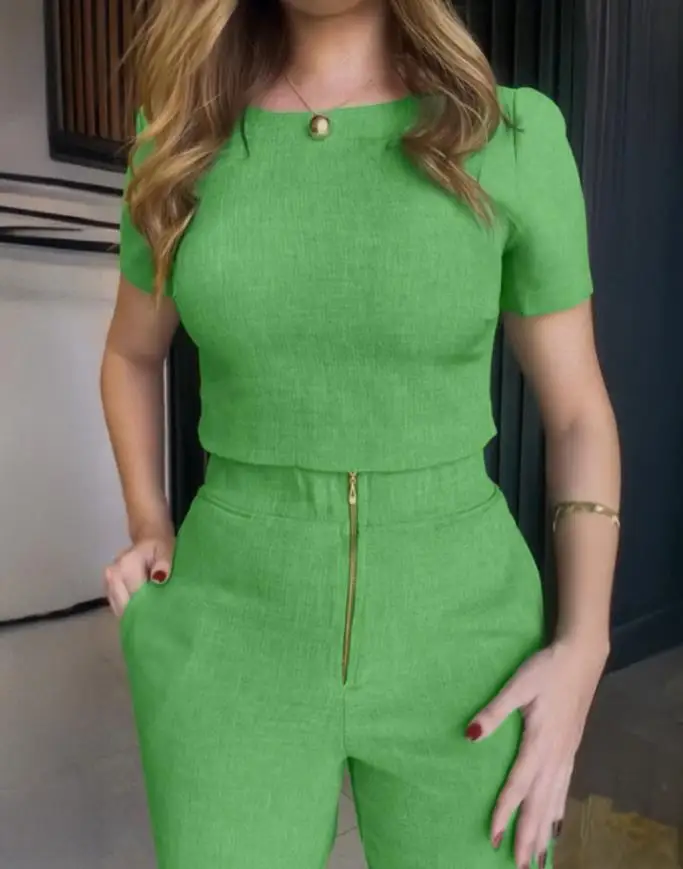 2025 Pants Set Women's Fashion Spring Summer Latest Style Elegant Sexy Round Neck Short Sleeve Top and Chic Zipper Pants Set
2025 Pants Set Women's Fashion Spring Summer Latest Style Elegant Sexy Round Neck Short Sleeve Top and Chic Zipper Pants Set