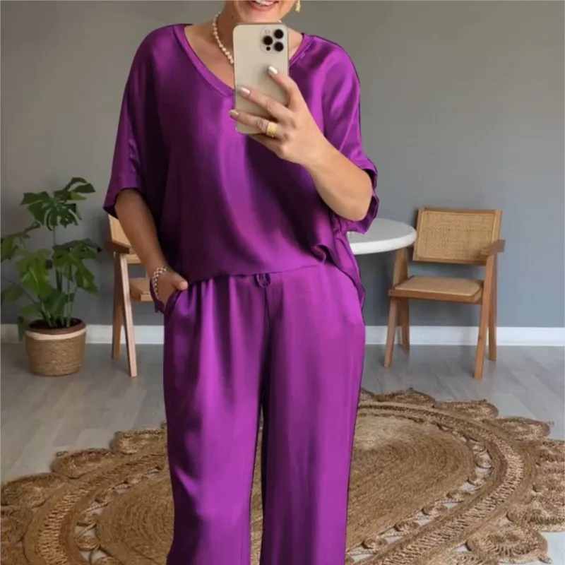 Elegant Women's Summer Solid Satin V-neck Short Sleeve Loose Top Blouse Casual Pocket High Waist Pants 2-piece Set Suits S-3XL
Elegant Women's Summer Solid Satin V-neck Short Sleeve Loose Top Blouse Casual Pocket High Waist Pants 2-piece Set Suits S-3XL