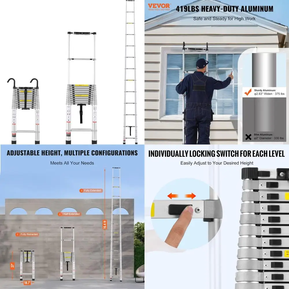 Aluminum Lightweight 16.5FT Telescoping Extension Ladder, Multi-Button Retraction, 419lbs Capacity, Collapsible for Easy Storage
Aluminum Lightweight 16.5FT Telescoping Extension Ladder, Multi-Button Retraction, 419lbs Capacity, Collapsible for Easy Storage