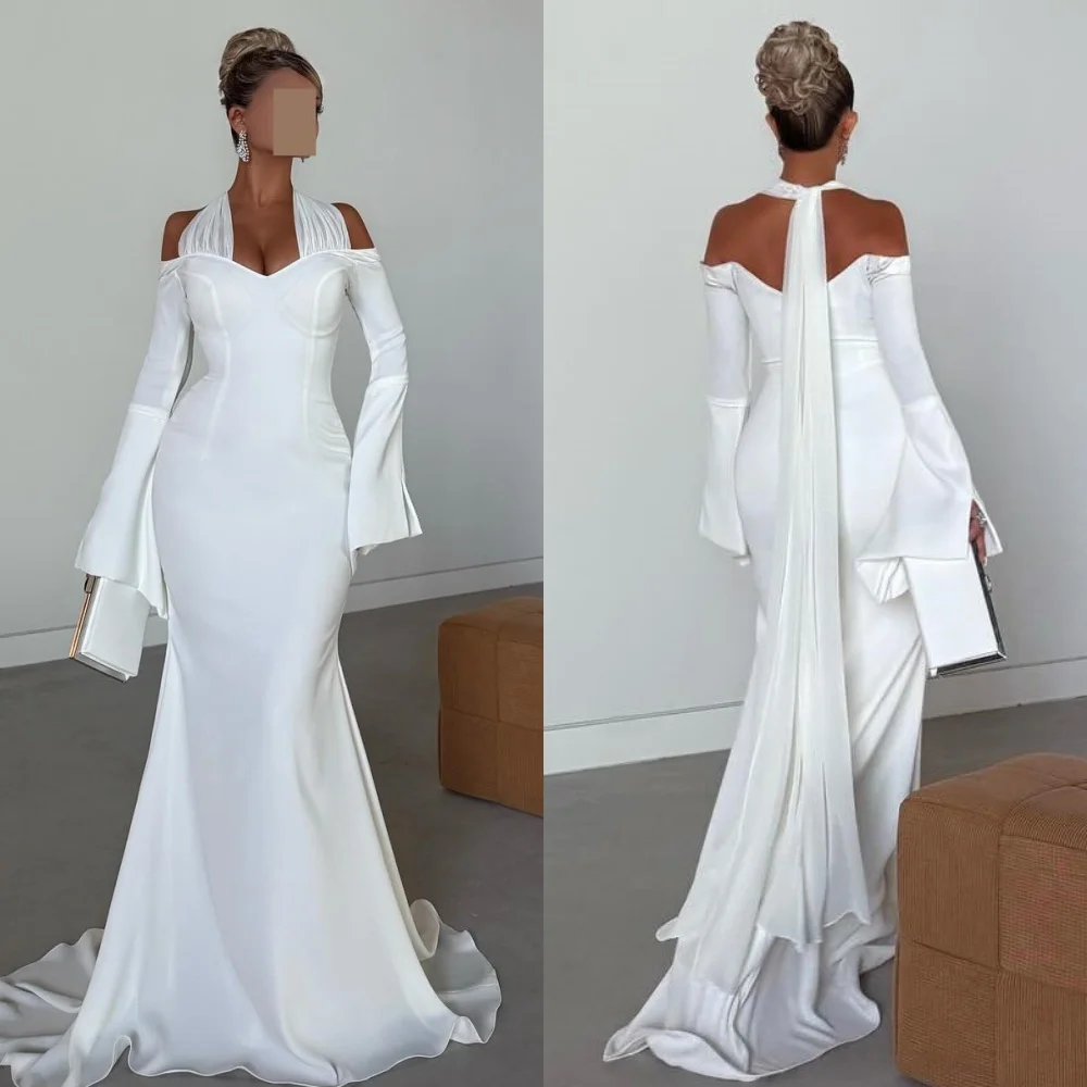 Простые модные джерси по индивидуальному заказу, плиссированные рюши, длинные платья с лямкой на шее, платья на заказ, размеры, современный стиль 
Простые модные джерси по индивидуальному заказу, плиссированные рюши, длинные платья с лямкой на шее, платья на заказ, размеры, современный стиль