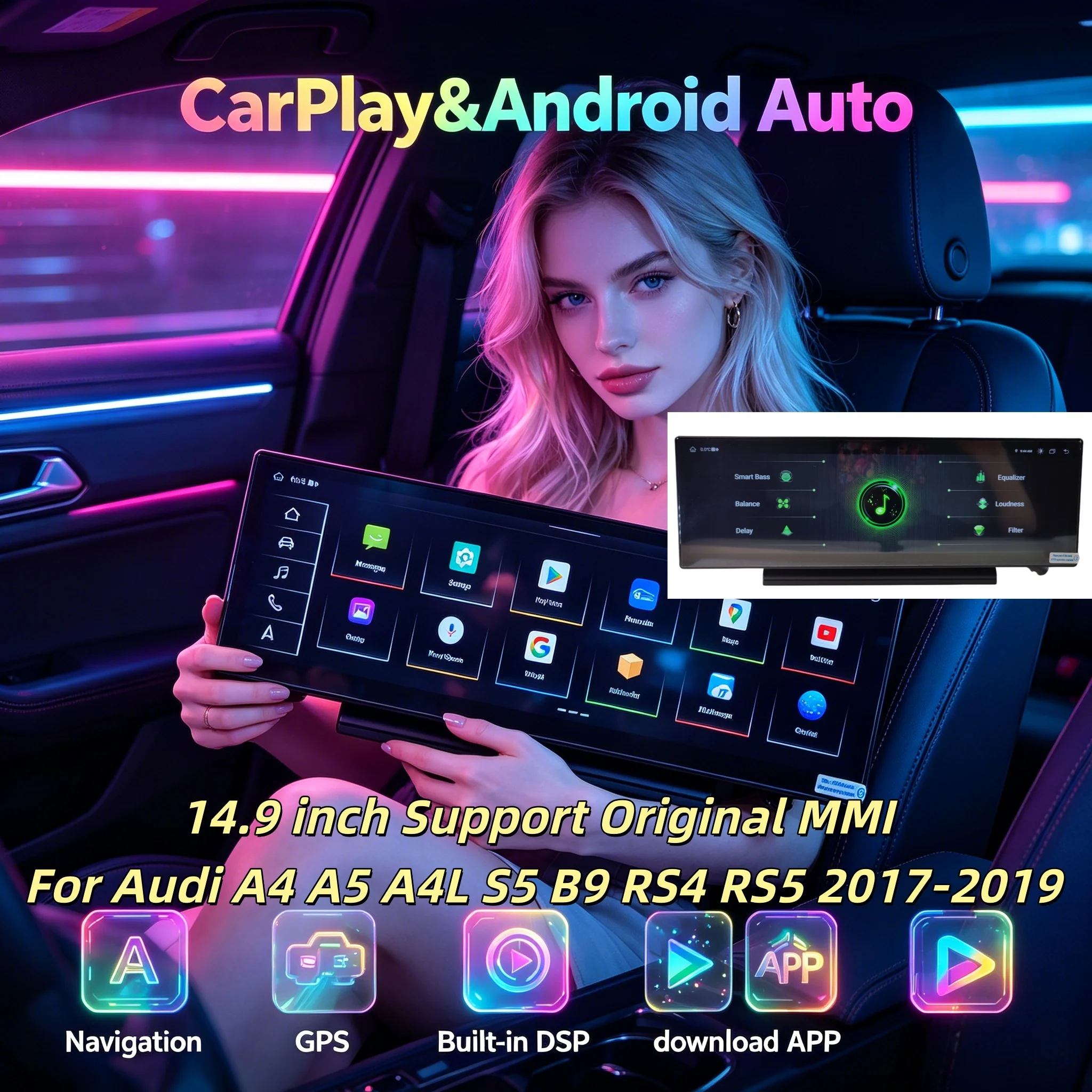 14.9-дюймовый Android Auto для Audi A4 A5 A4L S5 B9 RS4 RS5 2017-2019, MMI, беспроводной CarPlay, GPS, мультимедийный проигрыватель, стерео, навигация, 4G
14.9-дюймовый Android Auto для Audi A4 A5 A4L S5 B9 RS4 RS5 2017-2019, MMI, беспроводной CarPlay, GPS, мультимедийный проигрыватель, стерео, навигация, 4G