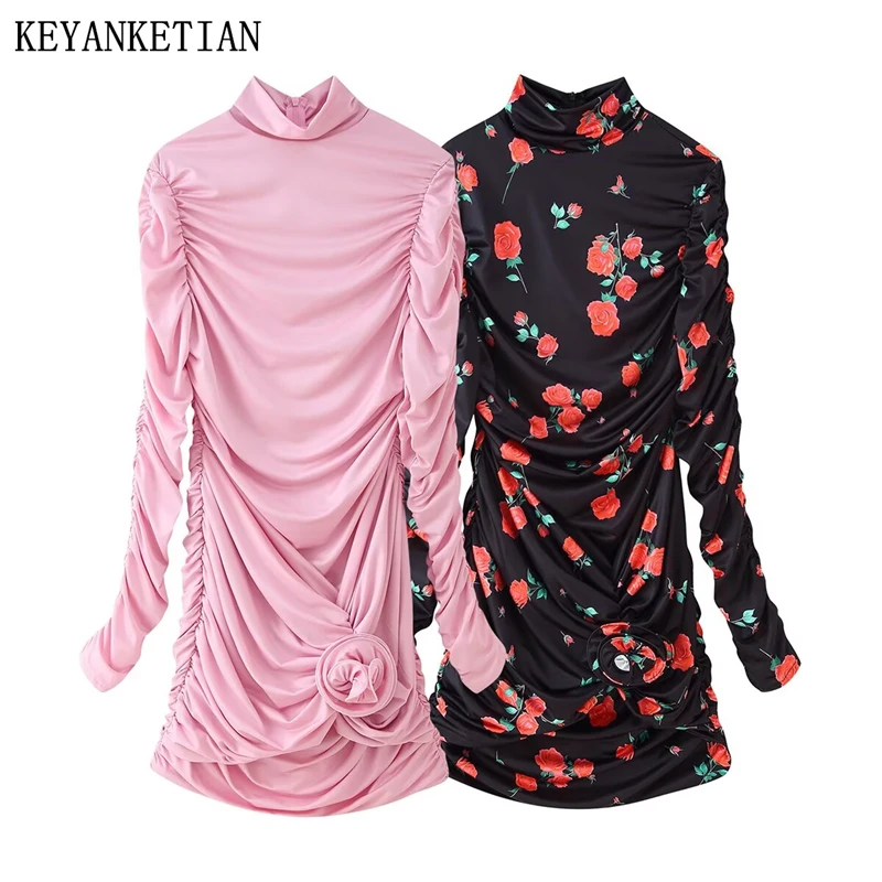 KEYANKETIAN Summer new women's standing collar long sleeved three-dimensional printed decorative pleated dress mini skirt
KEYANKETIAN Summer new women's standing collar long sleeved three-dimensional printed decorative pleated dress mini skirt