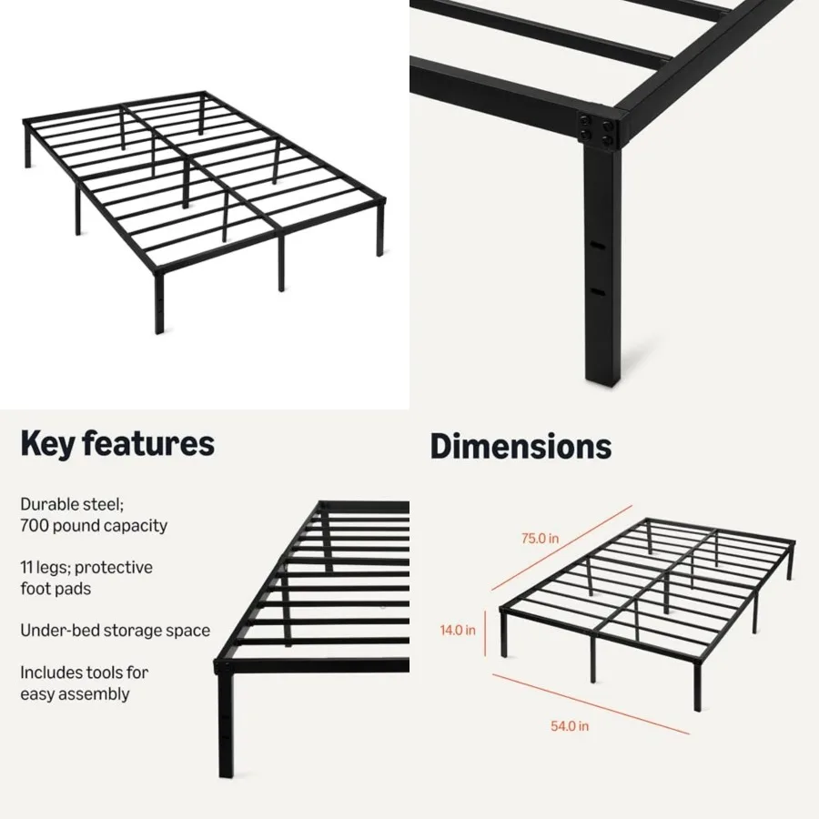 Metal Bed Frame, Non-Foldable Platform Bed, Easy Assembly,,54W x 75L, Black
Metal Bed Frame, Non-Foldable Platform Bed, Easy Assembly,,54W x 75L, Black