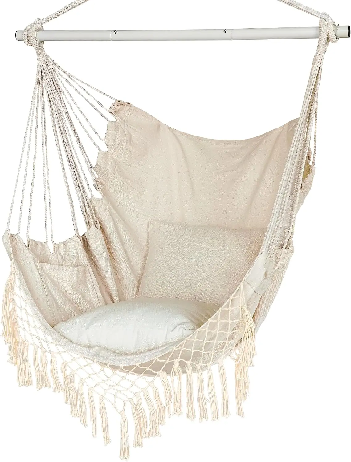 Macrame Hanging Chair with Cushions and Side Pocket, High Load-Bearing Metal Rod for Indoor Outdoor Use
Macrame Hanging Chair with Cushions and Side Pocket, High Load-Bearing Metal Rod for Indoor Outdoor Use