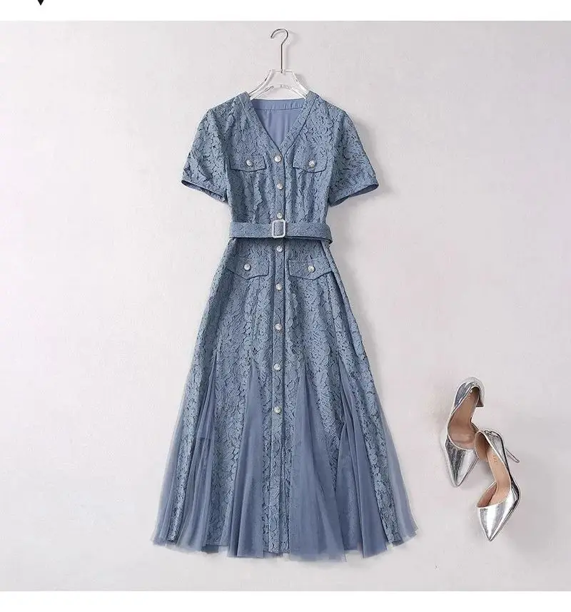 Holiday Crochet Lace Embroidery Midi Dress Summer Women V-Neck Short Sleeve Beaded Belt Office Lady Mesh Stitching Party Vestido
Holiday Crochet Lace Embroidery Midi Dress Summer Women V-Neck Short Sleeve Beaded Belt Office Lady Mesh Stitching Party Vestido