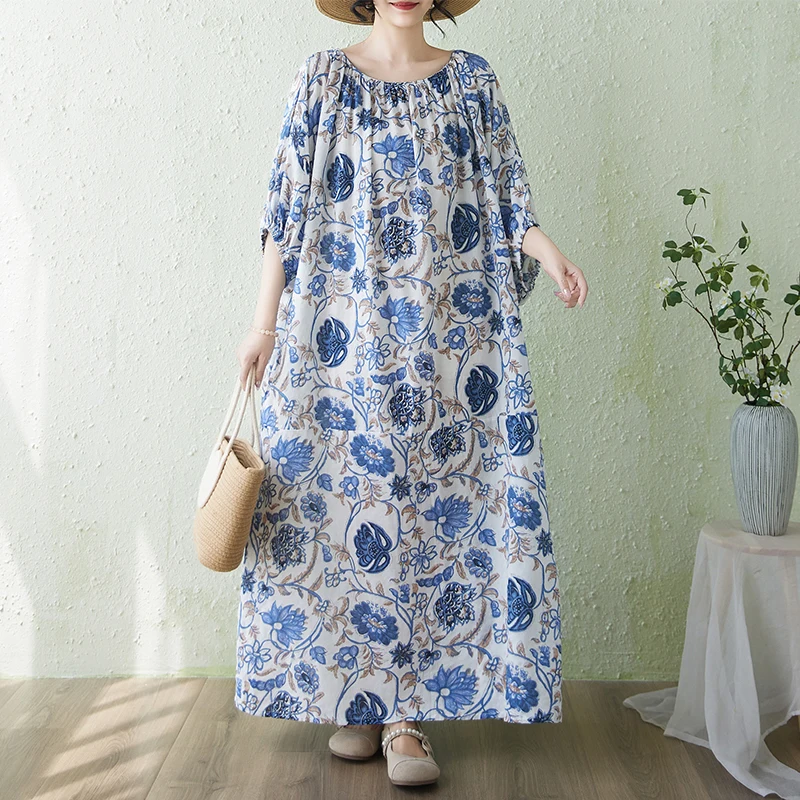 Elegant plus Size Floral Print Dress Loose Fitting Lantern Sleeve Holiday Robe Cotton Long Skirt Slimming Effect Summer Dress
Elegant plus Size Floral Print Dress Loose Fitting Lantern Sleeve Holiday Robe Cotton Long Skirt Slimming Effect Summer Dress