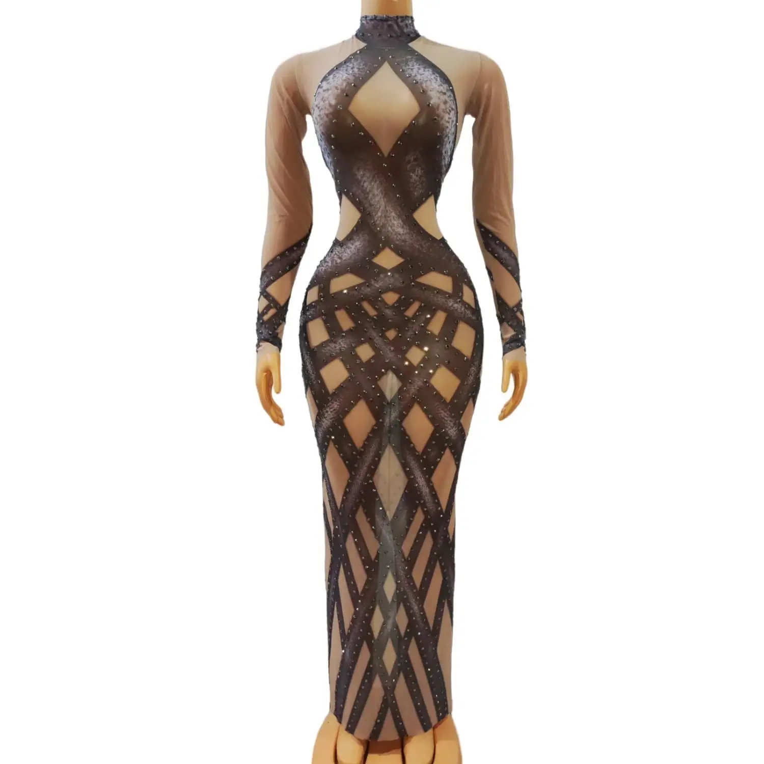 Jiaocuo Black Brown Geometric Rhinestone Sheer Mesh Long Sleeve Maxi Dress for Drag Queen Burlesque Cabaret Stage Performances
Jiaocuo Black Brown Geometric Rhinestone Sheer Mesh Long Sleeve Maxi Dress for Drag Queen Burlesque Cabaret Stage Performances
