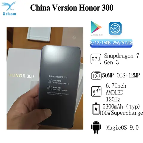 Original Honor 300 Snapdragon 7 Gen 3 MagicOS 9.0 5300mAh Battery 100W SuperCharge 6.7" AMOLED 120HZ 50MP Rear Camera NFC OTA