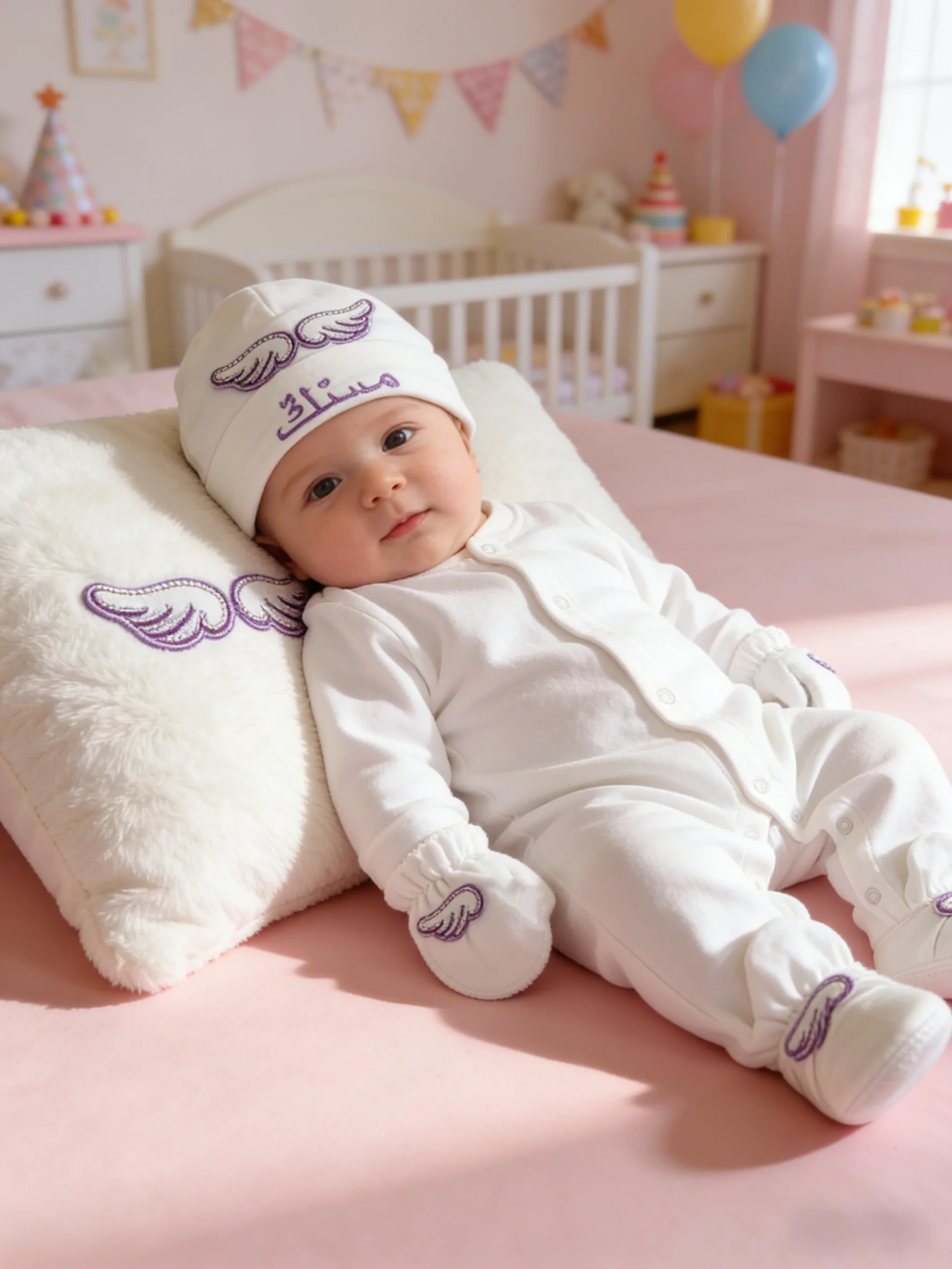 Exquisite Custom Arabic Embroidered Baby Romper Set Deluxe Purple White Angel Themed Newborn Gift Set Premium Quality
Exquisite Custom Arabic Embroidered Baby Romper Set Deluxe Purple White Angel Themed Newborn Gift Set Premium Quality