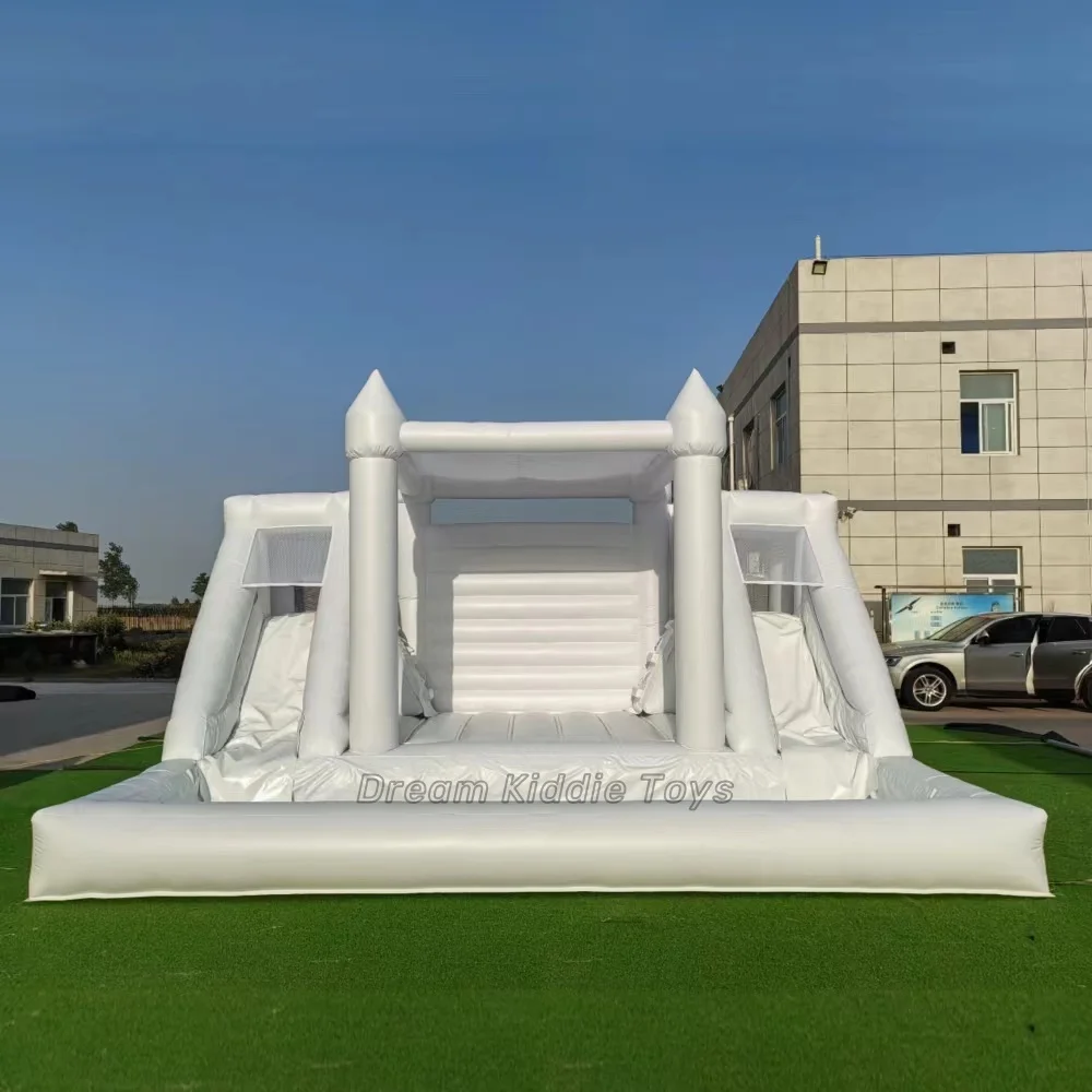 Гигантский белый свадебный замок с отскоком 5X6M, combo двойные слайды & pool для свадебных торжеств
Гигантский белый свадебный замок с отскоком 5X6M, combo двойные слайды & pool для свадебных торжеств