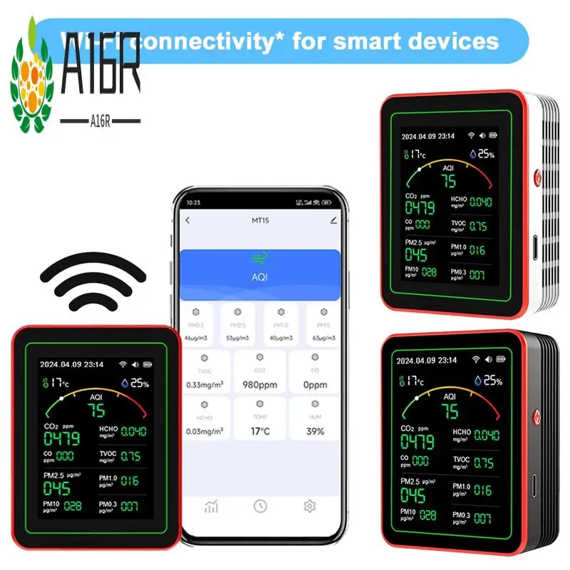 A16R-Tuya Wifi 15 In 1 Air Quality Household Portable AQI PM0.3 PM1.0 PM2.5 PM10 CO CO2 TVOC HCHO Tester With Mount
A16R-Tuya Wifi 15 In 1 Air Quality Household Portable AQI PM0.3 PM1.0 PM2.5 PM10 CO CO2 TVOC HCHO Tester With Mount
