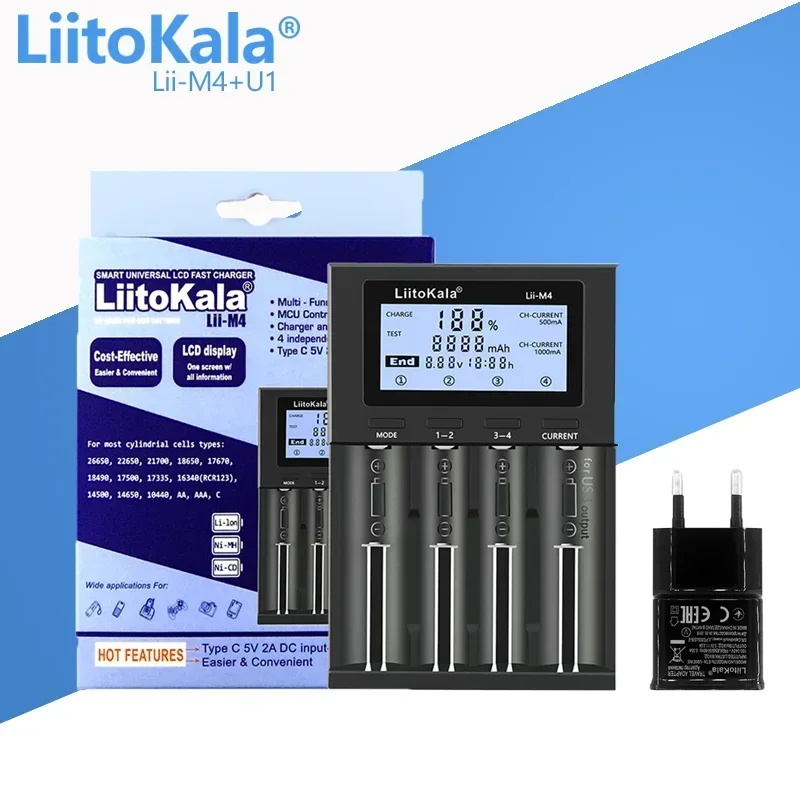LiitoKala Lii-M4 +U1 18650 Smart Charger LCD Display for 26650 21700 32650 20700 21700 16340 CR123A 18500 AA AAA battery
LiitoKala Lii-M4 +U1 18650 Smart Charger LCD Display for 26650 21700 32650 20700 21700 16340 CR123A 18500 AA AAA battery