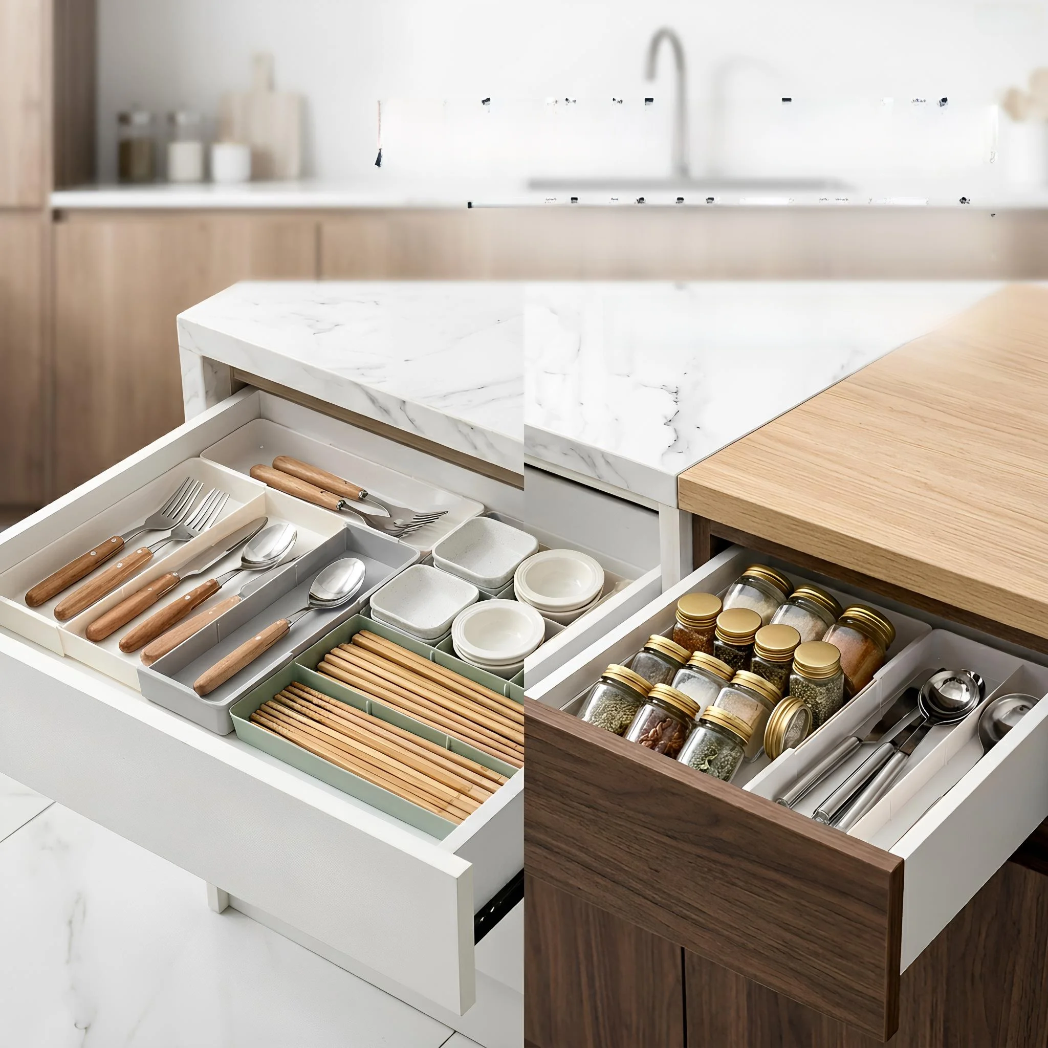 Kitchen Drawer Organizer Box Built-In Dividers Plastic Storage Container for Cutlery Spoons Chopsticks Compact Cabinet Organizer
Kitchen Drawer Organizer Box Built-In Dividers Plastic Storage Container for Cutlery Spoons Chopsticks Compact Cabinet Organizer