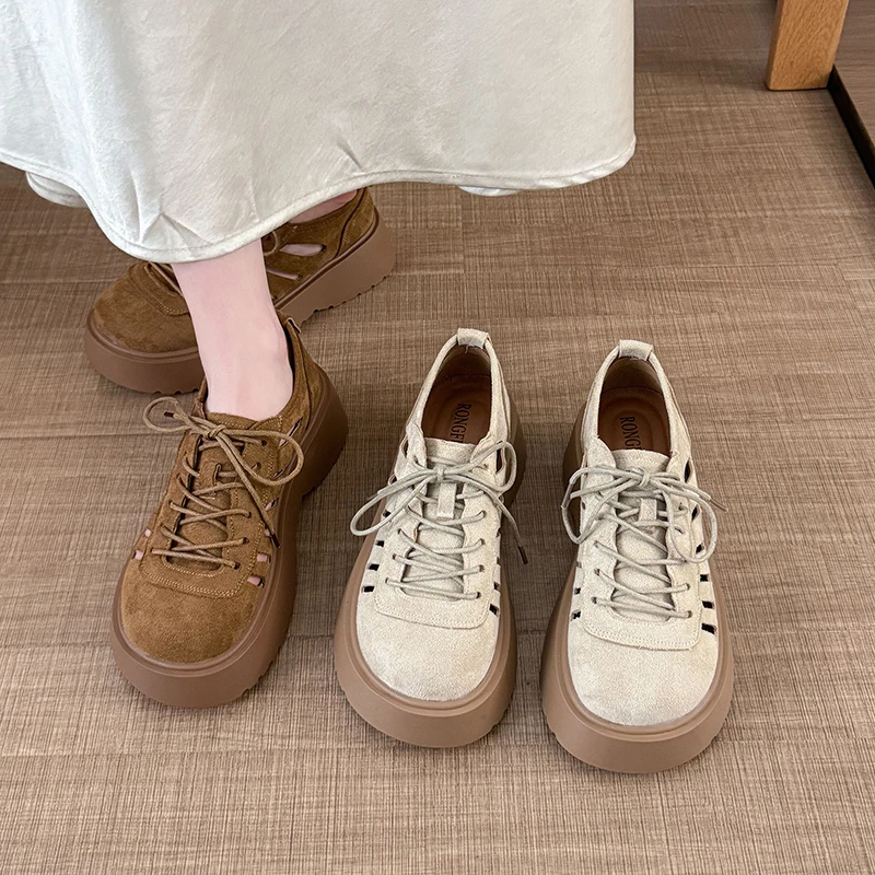 Ladies Hollow Birken Shoes Lace Up Suede Thick Sole Cutout Walking Footwear Beige Brown Height Increase Soft Summer Sneaker Shoe
Ladies Hollow Birken Shoes Lace Up Suede Thick Sole Cutout Walking Footwear Beige Brown Height Increase Soft Summer Sneaker Shoe