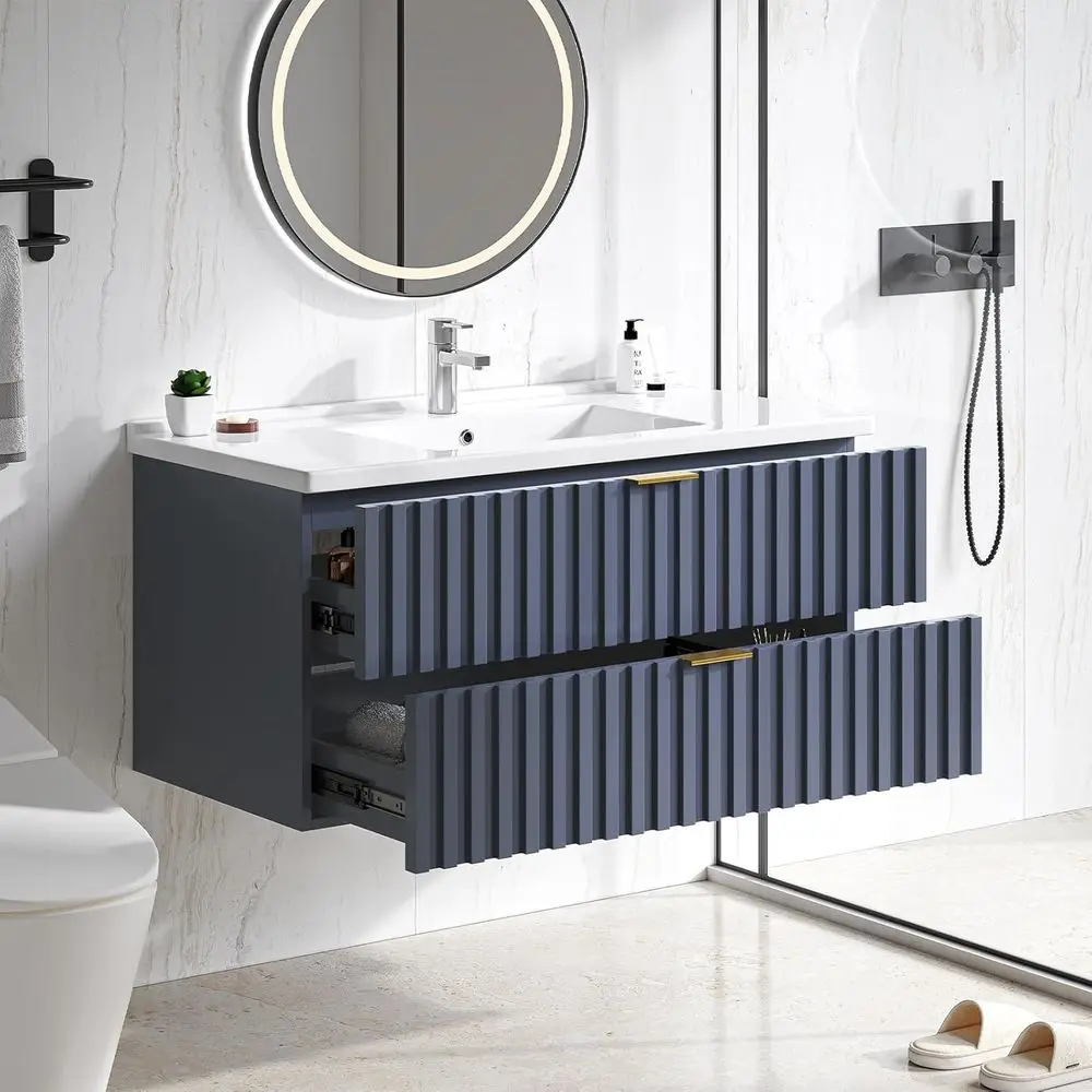 36 Wall-Mounted Floating Vanity with Dual Drawers, Metal Handles, and Ceramic Sink for Small Bathrooms in Blue
36 Wall-Mounted Floating Vanity with Dual Drawers, Metal Handles, and Ceramic Sink for Small Bathrooms in Blue