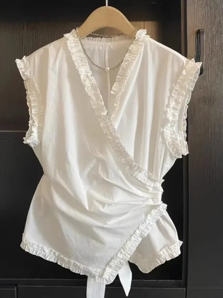 Summer All Match Shirts Solid Color V Neck Sleeveless Ruffles Pleated Irregular Blouses Korean Fashion Elegant Women's Clothing
Summer All Match Shirts Solid Color V Neck Sleeveless Ruffles Pleated Irregular Blouses Korean Fashion Elegant Women's Clothing