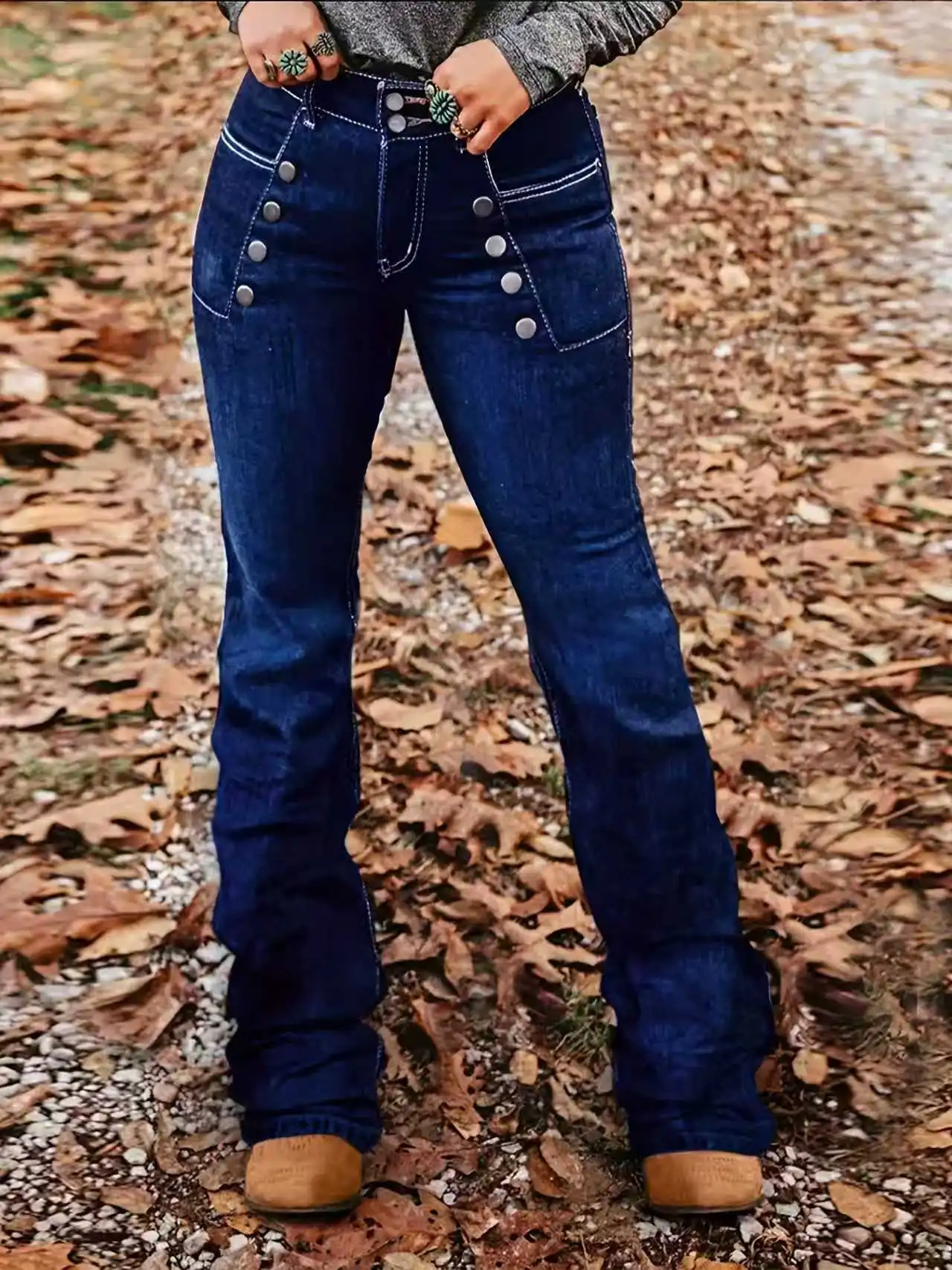 Ladies Retro Multi-Buckle Slightly Flared Jeans, Dark Color, Washed, Slim Fit, Mid-Rise, Stretchy, Casual, Flared Denim Pants
Ladies Retro Multi-Buckle Slightly Flared Jeans, Dark Color, Washed, Slim Fit, Mid-Rise, Stretchy, Casual, Flared Denim Pants