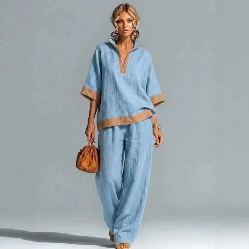 Vintage Women Linen Loose 2Pcs Set Summer Sexy Half Zip Top+Wide Leg Pants Casual 2026 Elegant Color Blocking Bohemian Outfit
Vintage Women Linen Loose 2Pcs Set Summer Sexy Half Zip Top+Wide Leg Pants Casual 2026 Elegant Color Blocking Bohemian Outfit