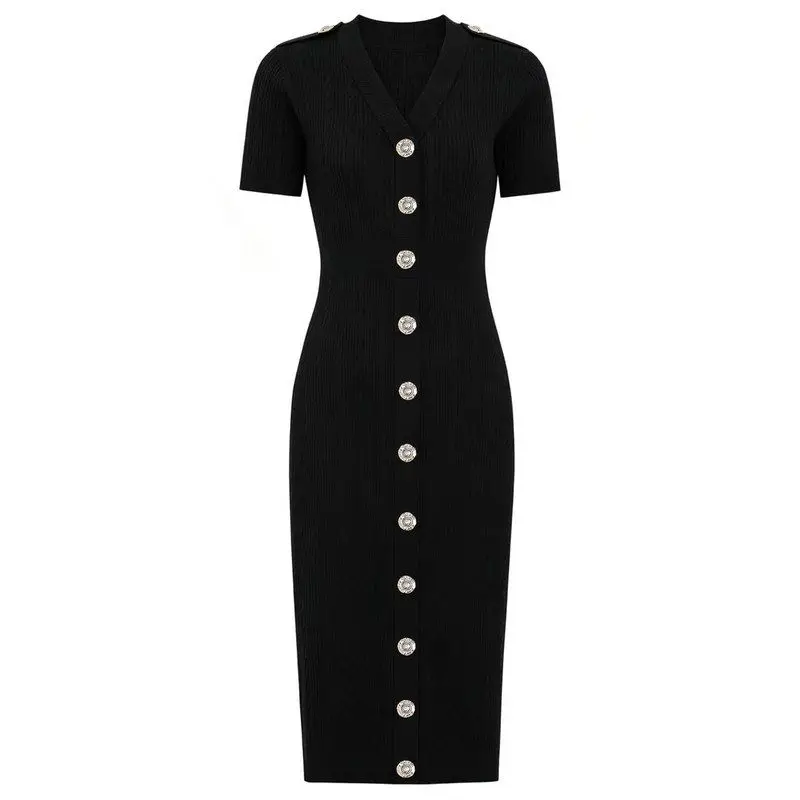 Elegant Knitted Short Sleeve V-Neck Dress Slimming Classic Large Button Versatile High-Quality Summer New Style Women's Dress
Elegant Knitted Short Sleeve V-Neck Dress Slimming Classic Large Button Versatile High-Quality Summer New Style Women's Dress
