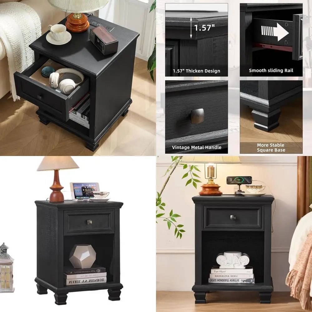 Прикроватная тумбочка для зарядной станции в деревенском стиле с ящиками и открытой полкой для спальни и гостиной, черная
Прикроватная тумбочка для зарядной станции в деревенском стиле с ящиками и открытой полкой для спальни и гостиной, черная