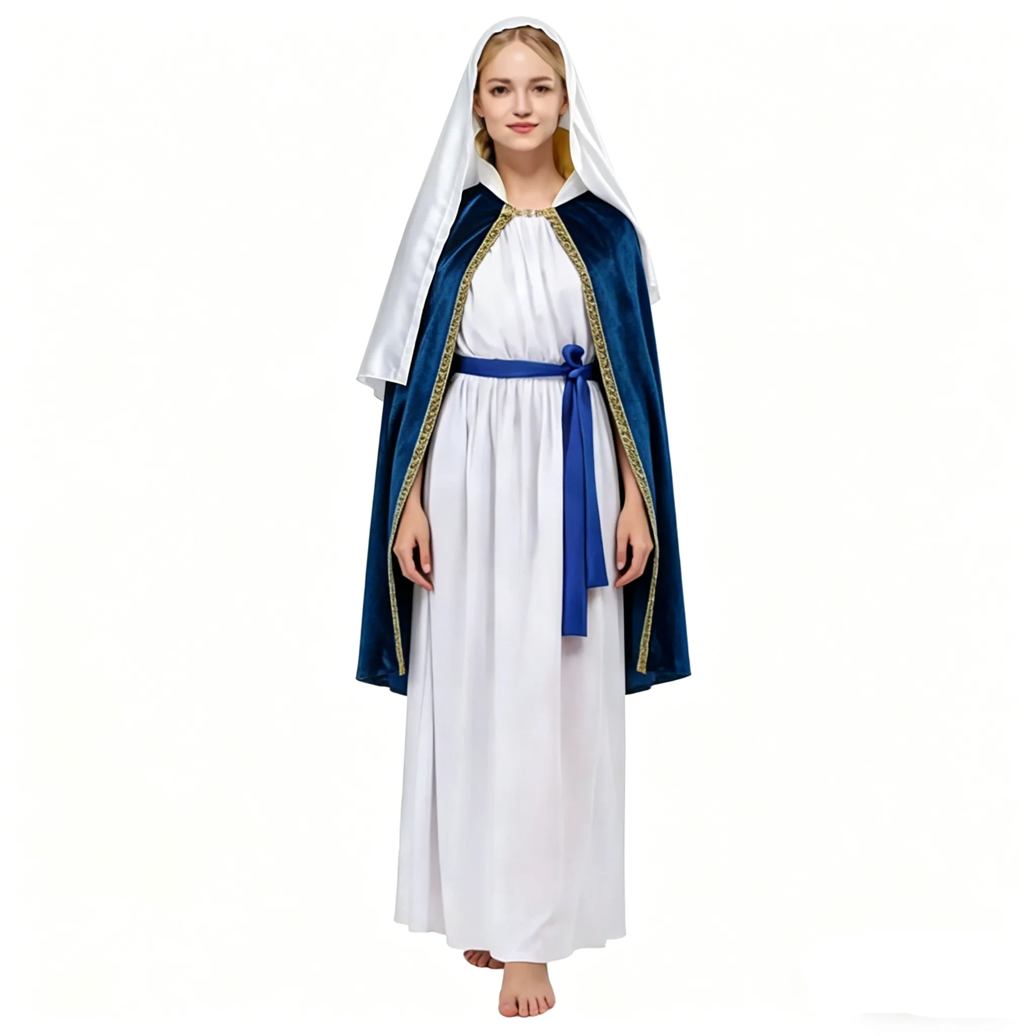 Women Virgin Mary Cosplay Costume Christmas Nativity Pray Church Event Outfit Dress Robe with Belt Stand Collar Cloak Headpiece
Women Virgin Mary Cosplay Costume Christmas Nativity Pray Church Event Outfit Dress Robe with Belt Stand Collar Cloak Headpiece