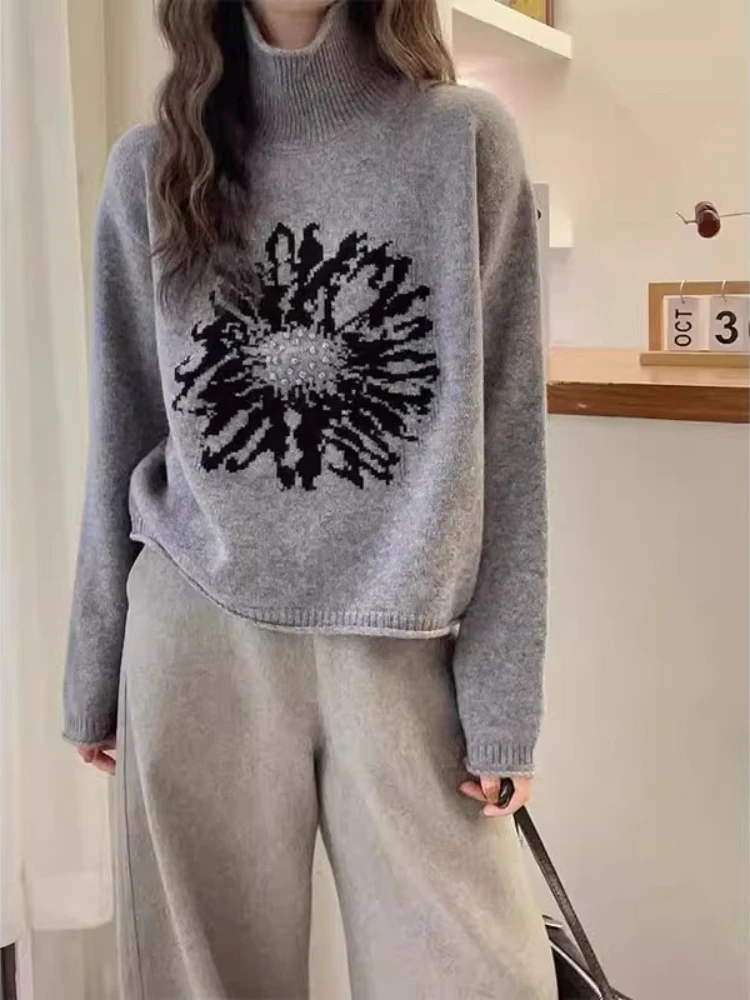 French Vintage Pullovers Long Sleeve Turtleneck Flower Jacquare Short Sweaters Fashion Design Knit Tops All Match Women Clothing 
French Vintage Pullovers Long Sleeve Turtleneck Flower Jacquare Short Sweaters Fashion Design Knit Tops All Match Women Clothing