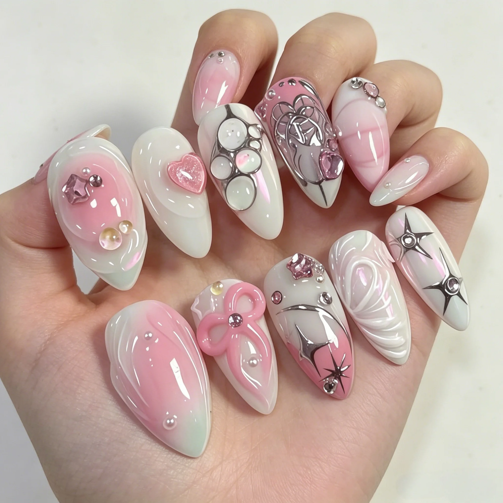10Pcs Y2K Pink White Handmade Press On Nails Short Almond 3D Bow & Heart Rhinestone Fake Nails Reusable Acrylic False Nails
10Pcs Y2K Pink White Handmade Press On Nails Short Almond 3D Bow & Heart Rhinestone Fake Nails Reusable Acrylic False Nails