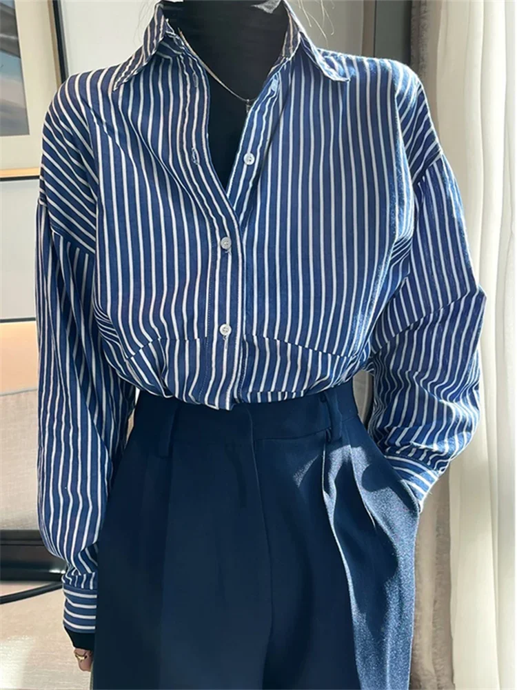 Blue Striped Shirts for Women Spring 2024 New Korean Loose Button Up Turn Down Collar Long Sleeve Tops Casual Blouses P70
Blue Striped Shirts for Women Spring 2024 New Korean Loose Button Up Turn Down Collar Long Sleeve Tops Casual Blouses P70