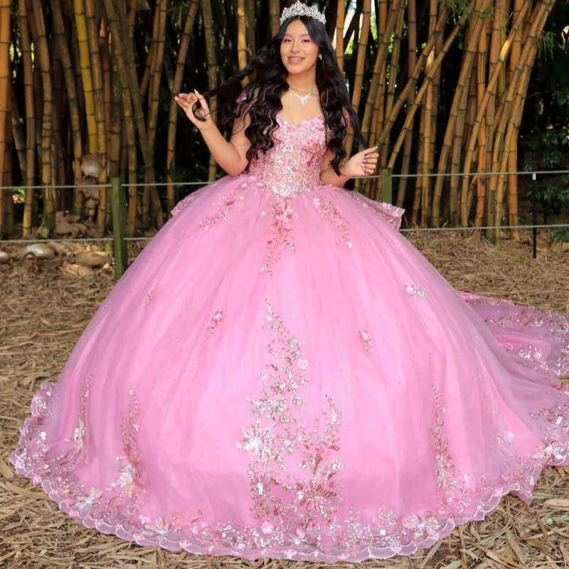 Pink Shiny Quinceanera Dresses Off The Shoulder Sequin Applique Flwoer Beading Crystal Bow Tull Party Birthday Sweet 16 Dress
Pink Shiny Quinceanera Dresses Off The Shoulder Sequin Applique Flwoer Beading Crystal Bow Tull Party Birthday Sweet 16 Dress