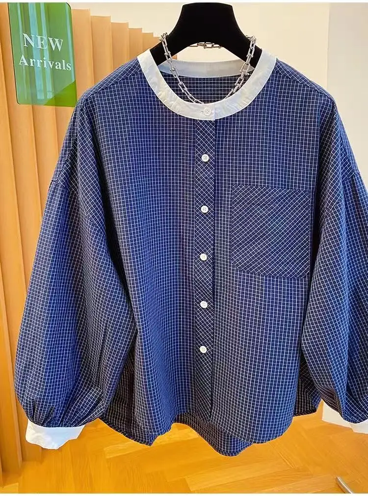 High-End plus Size Korean Style Contrast Color Younging Plaid Women's round Neck Loose Lantern Sleeve Shirt Casual Loose Fit
High-End plus Size Korean Style Contrast Color Younging Plaid Women's round Neck Loose Lantern Sleeve Shirt Casual Loose Fit
