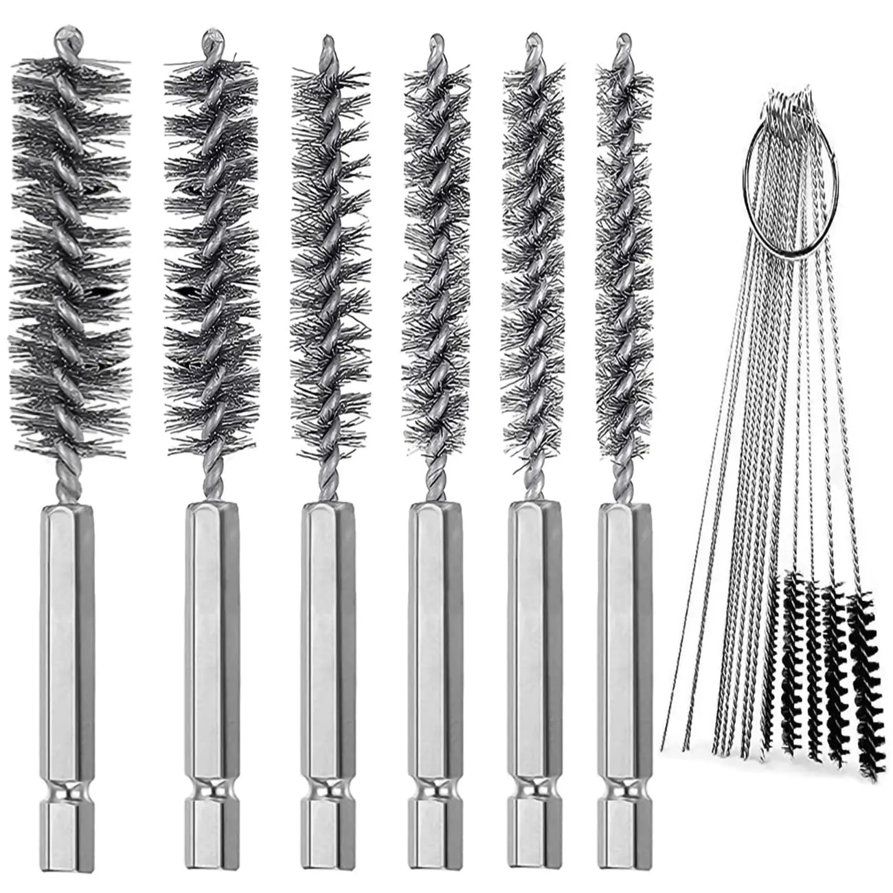 6 Pcs Stainless Steel Bore Brush Set with 15 Cleaning Needles, Twisted Wire Brushes with 1/4 Inch Hex Shank for Drill, Tubes
6 Pcs Stainless Steel Bore Brush Set with 15 Cleaning Needles, Twisted Wire Brushes with 1/4 Inch Hex Shank for Drill, Tubes