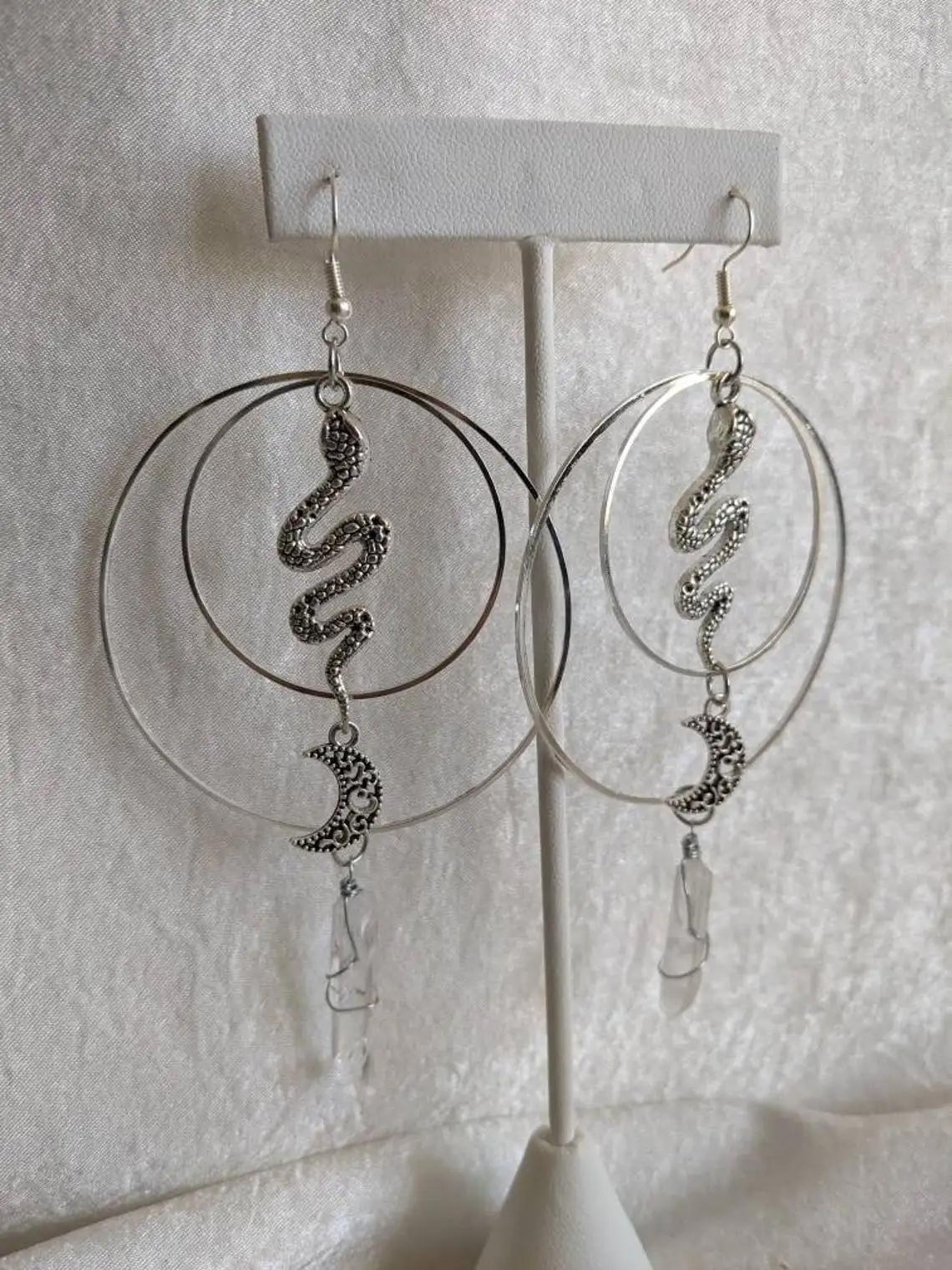 Snake Earrings, Gothic Moon, Natural Irregular White Clear Quartz Crystal Pendant, Circle Jewelry, Halloween Gifts
Snake Earrings, Gothic Moon, Natural Irregular White Clear Quartz Crystal Pendant, Circle Jewelry, Halloween Gifts